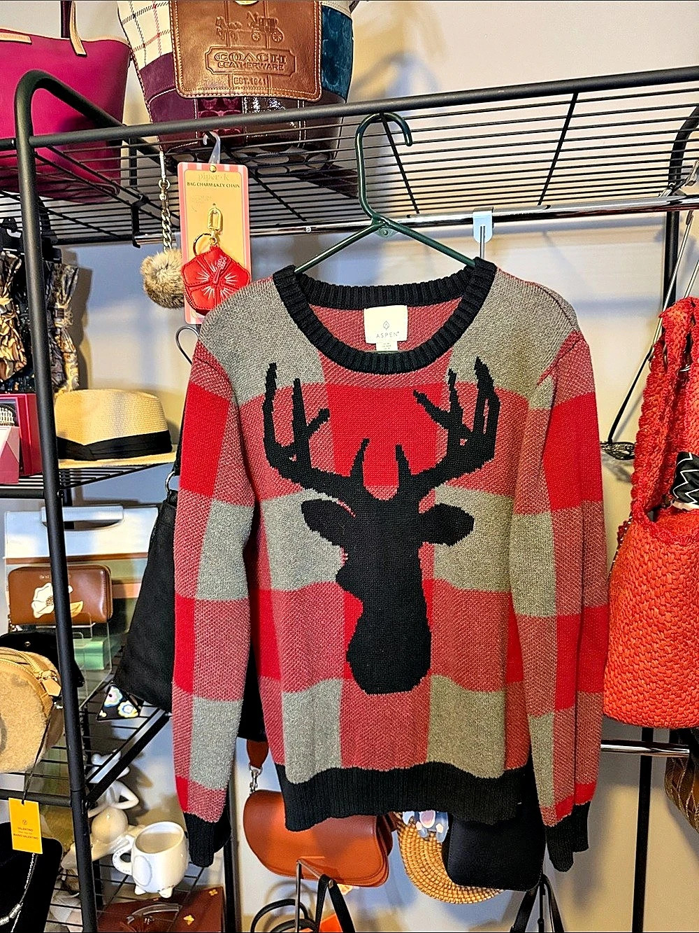 Aspen Red and Grey Plaid Buck Stag Deer Sweater Medium